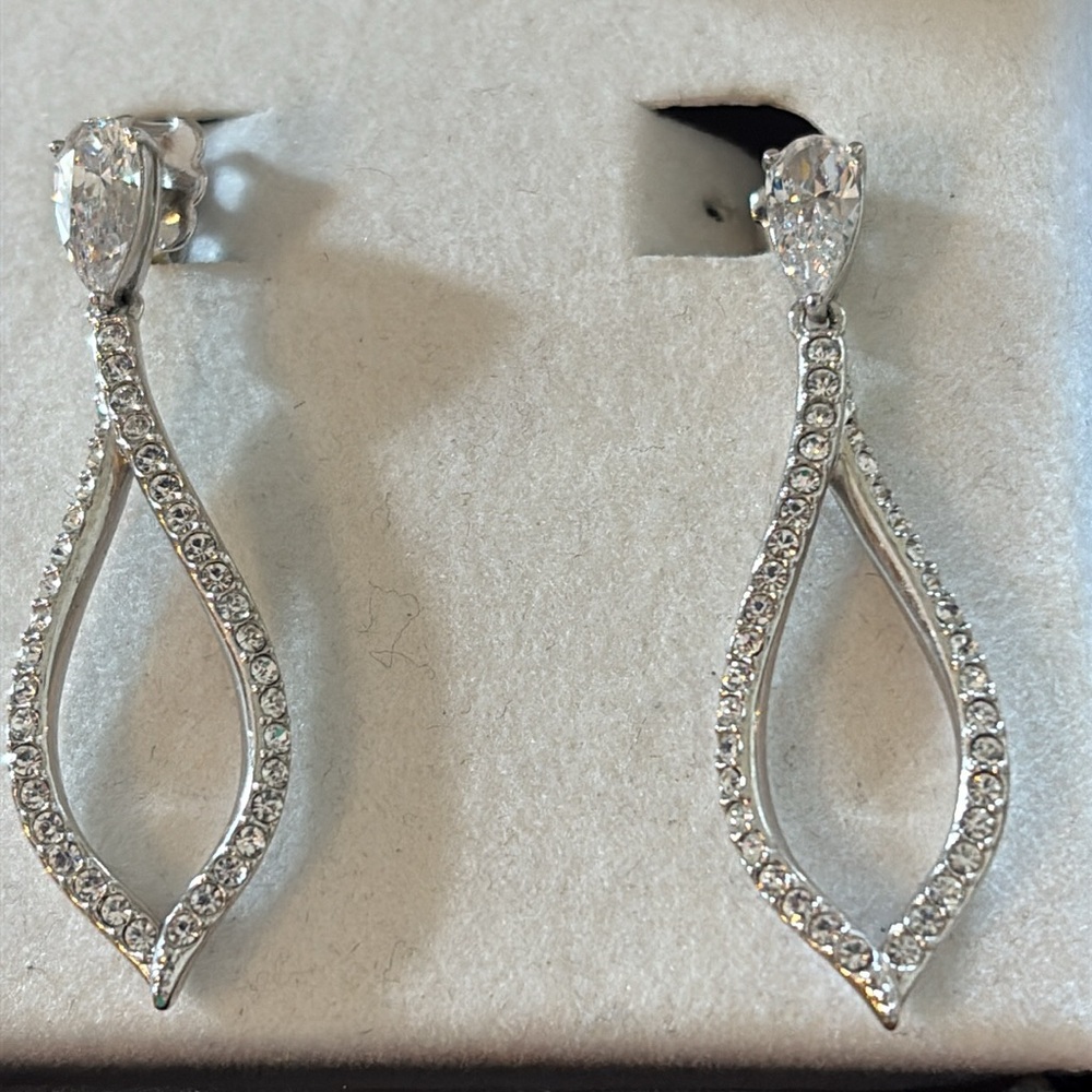 Nadri CZ Tear Drop and Pear Posted Crystal Silver-Tone Dangle Earrings